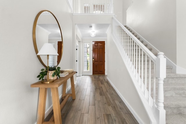 foyer with dark hardwood / wood-style floors and ornamental molding