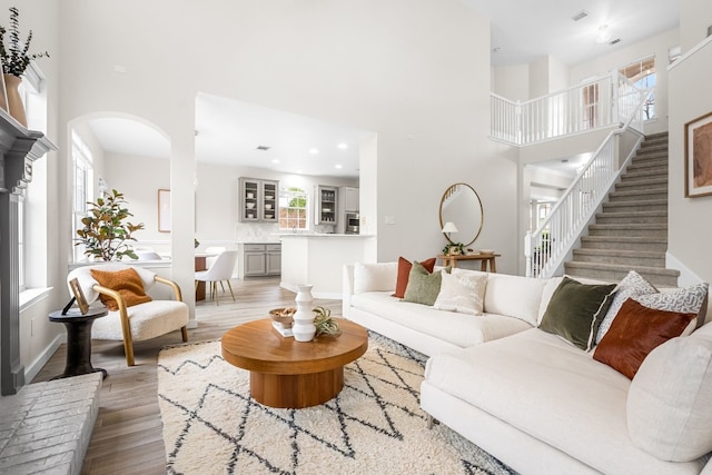 living room with light hardwood / wood-style flooring, a healthy amount of sunlight, and a high ceiling