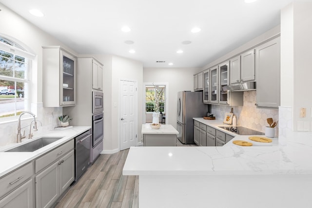 kitchen with sink, decorative backsplash, gray cabinets, light hardwood / wood-style floors, and stainless steel appliances