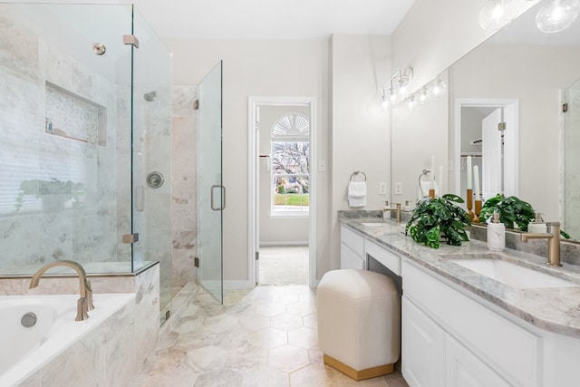 bathroom featuring vanity and plus walk in shower