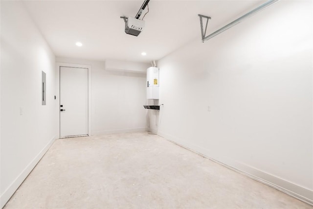 garage featuring electric panel, a garage door opener, and water heater