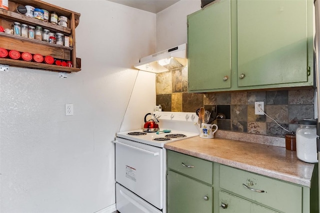 kitchen with decorative backsplash, white electric range oven, extractor fan, and green cabinetry