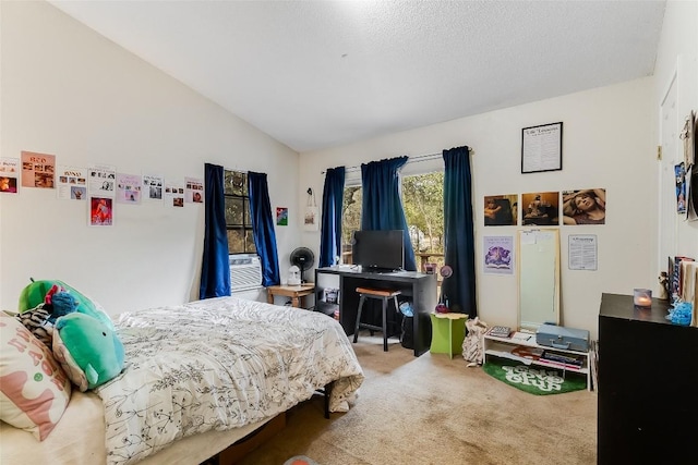 carpeted bedroom with cooling unit and lofted ceiling