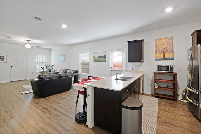 kitchen with a wealth of natural light, sink, light hardwood / wood-style floors, and appliances with stainless steel finishes