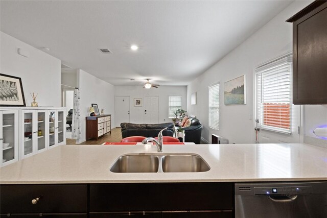 kitchen with dark brown cabinetry, stainless steel dishwasher, plenty of natural light, and sink