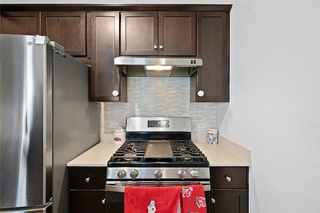 kitchen with backsplash, dark brown cabinetry, and stainless steel appliances