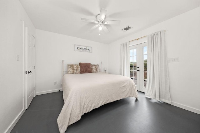 bedroom with access to outside, ceiling fan, and french doors