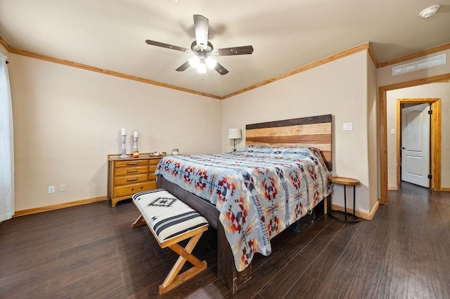 bedroom with ceiling fan, dark hardwood / wood-style flooring, and crown molding