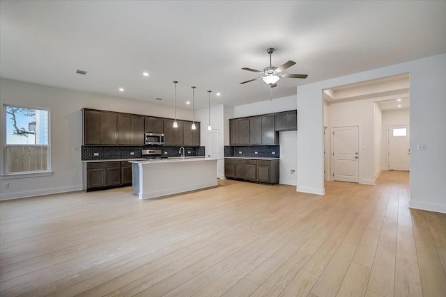 kitchen with appliances with stainless steel finishes, ceiling fan, sink, decorative light fixtures, and a center island with sink