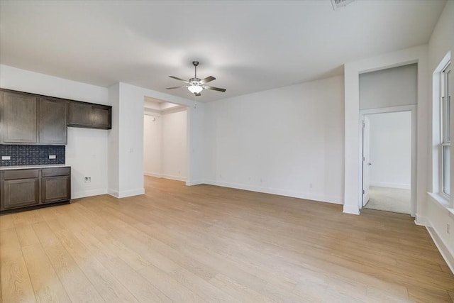 unfurnished living room featuring ceiling fan and light hardwood / wood-style floors