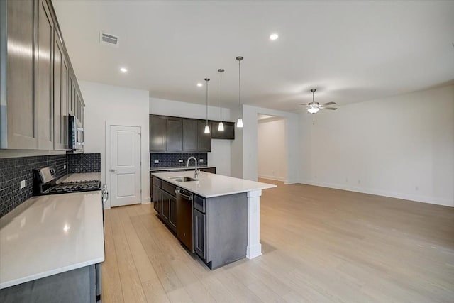 kitchen featuring sink, hanging light fixtures, decorative backsplash, a center island with sink, and appliances with stainless steel finishes