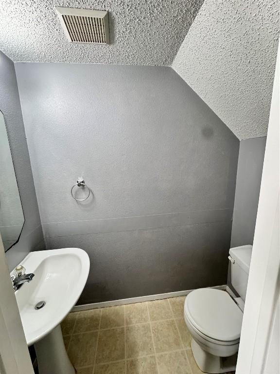 bathroom featuring toilet, lofted ceiling, and sink