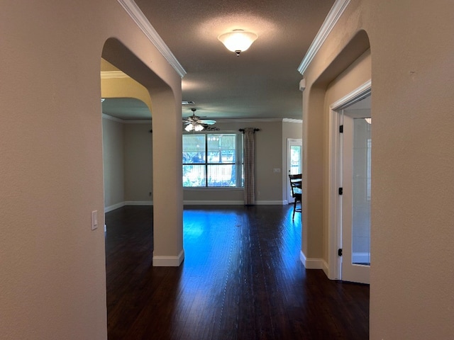 hall featuring a textured ceiling, crown molding, and dark wood-type flooring