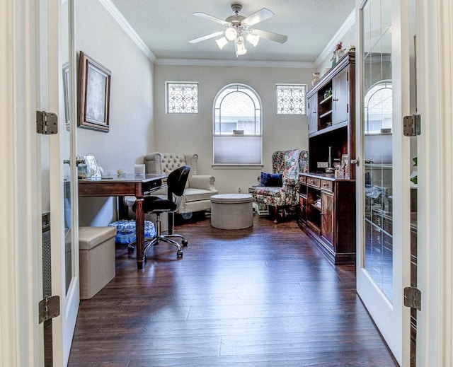 office space featuring crown molding, french doors, ceiling fan, and dark hardwood / wood-style floors