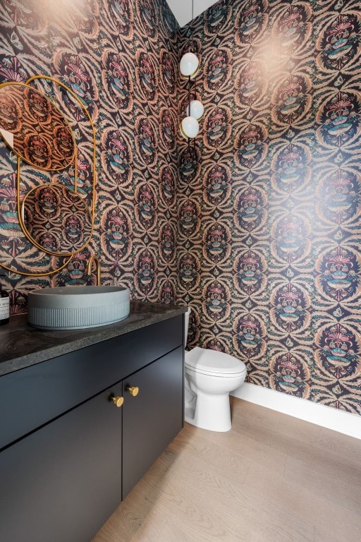 bathroom with hardwood / wood-style floors, vanity, and toilet