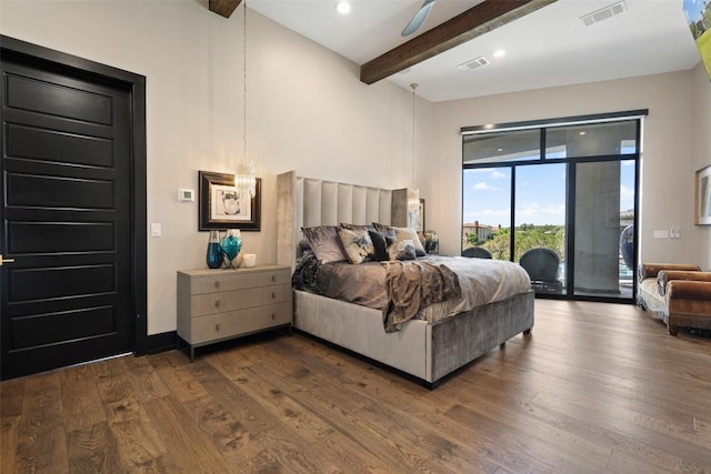 bedroom featuring access to outside, ceiling fan, beamed ceiling, and dark wood-type flooring