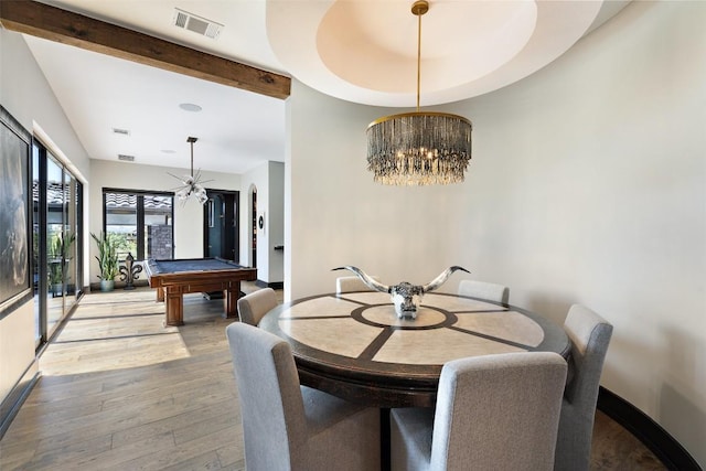 19204 Secretariat Pl, Spicewood, TX 78669 - dining room with a chandelier, wood finished floors, billiards table, and beam ceiling