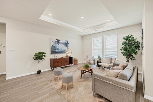 living room featuring a tray ceiling and light hardwood / wood-style floors