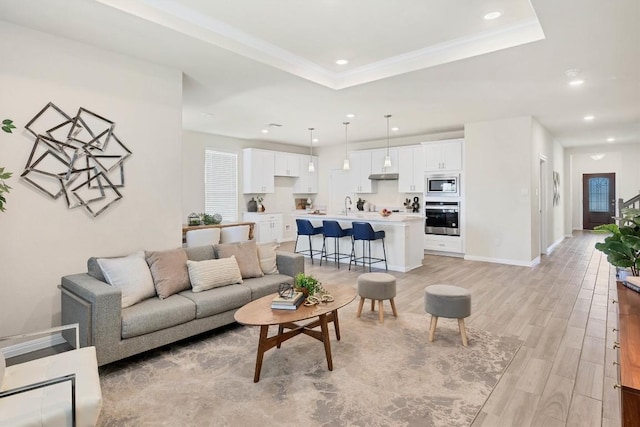 living room with a raised ceiling, crown molding, sink, and light hardwood / wood-style floors