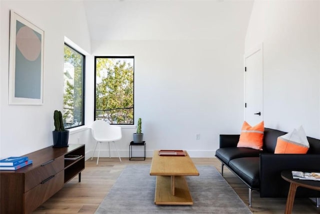 living area featuring plenty of natural light, light hardwood / wood-style floors, and vaulted ceiling