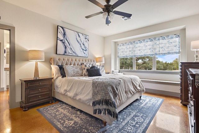 bedroom featuring a ceiling fan and visible vents