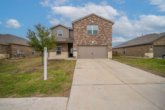 front facade with a front lawn and a garage