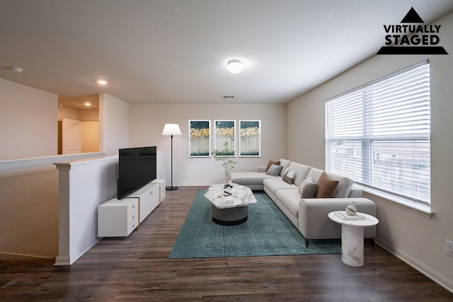 living room with dark hardwood / wood-style floors and a wealth of natural light