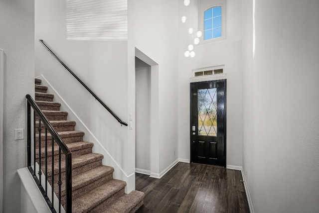 entryway with dark hardwood / wood-style flooring and a high ceiling