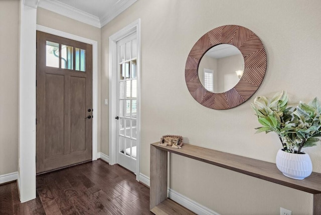 entryway featuring dark wood-type flooring and ornamental molding