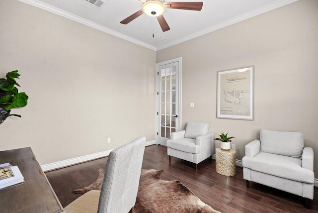 living area with dark hardwood / wood-style flooring, ornamental molding, french doors, and ceiling fan