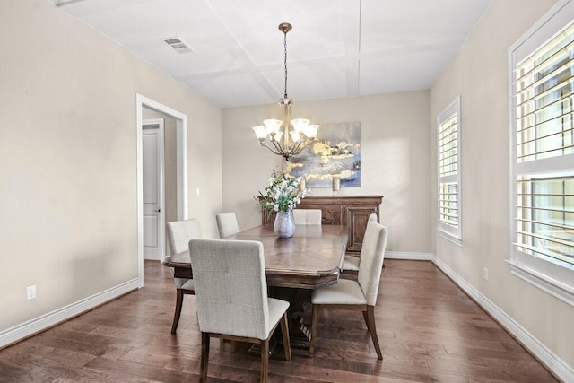 dining room featuring coffered ceiling, dark hardwood / wood-style flooring, and a chandelier