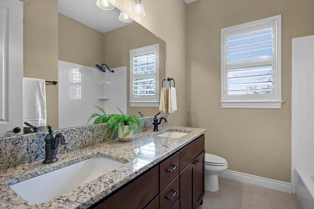 full bathroom with toilet, shower / tub combination, vanity, and tile patterned floors