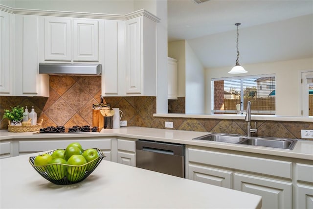 kitchen featuring white cabinets, sink, lofted ceiling, and stainless steel appliances