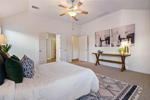 bedroom with carpet, vaulted ceiling, and ceiling fan