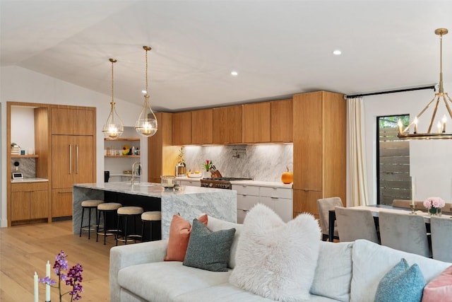 living room featuring lofted ceiling, light wood-type flooring, and sink