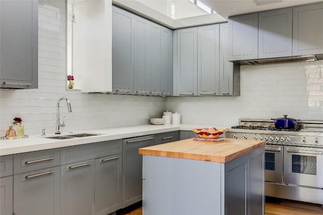 kitchen featuring gray cabinetry, wood counters, sink, and stainless steel appliances