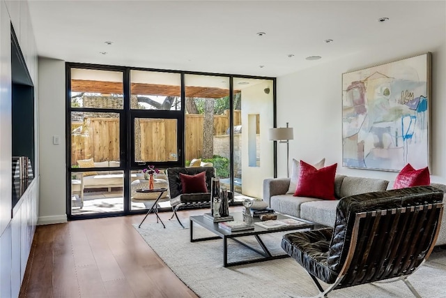 living room featuring wood-type flooring and expansive windows