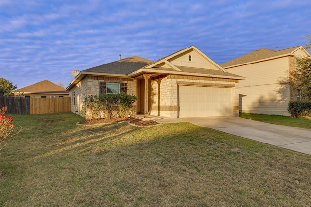 ranch-style home with a front lawn and a garage