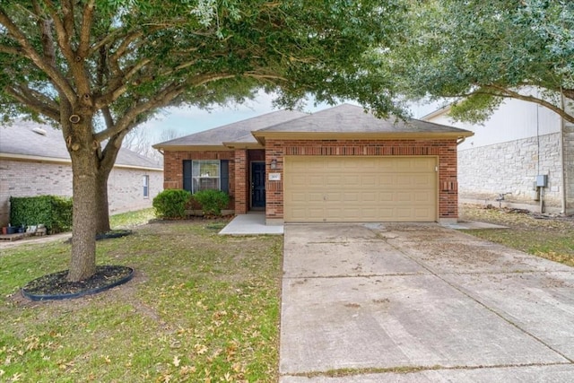 single story home with a front lawn and a garage