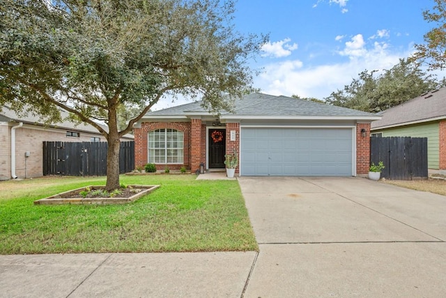 single story home with a front lawn and a garage