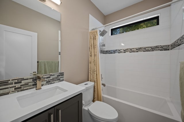 full bathroom featuring toilet, vanity, shower / bathtub combination with curtain, and decorative backsplash