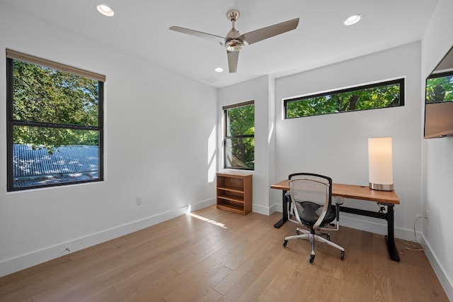 office space featuring light wood-type flooring and ceiling fan