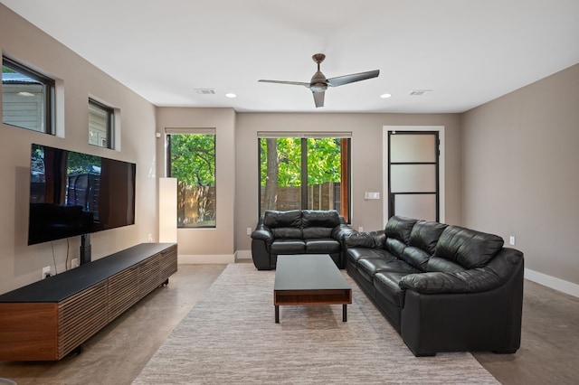 living room with ceiling fan