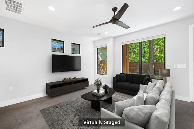 living room with ceiling fan