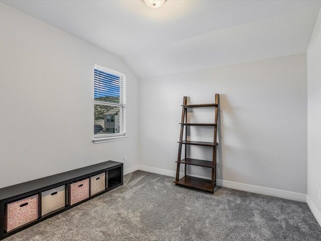 empty room with lofted ceiling and carpet flooring