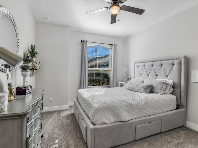 bedroom with ceiling fan and carpet flooring