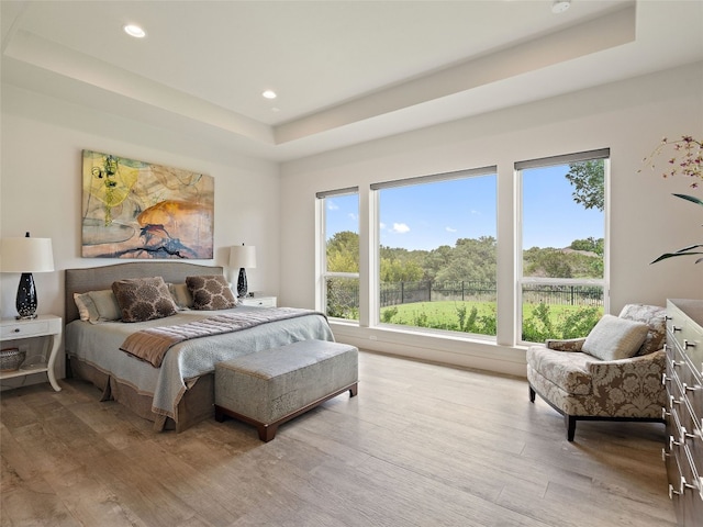 bedroom with light hardwood / wood-style floors and a tray ceiling