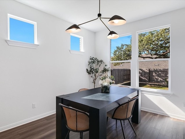 dining space with dark hardwood / wood-style flooring and a healthy amount of sunlight