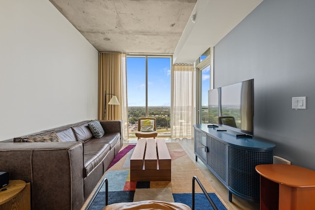 living room featuring a wall of windows