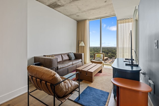 living room featuring expansive windows and light hardwood / wood-style floors